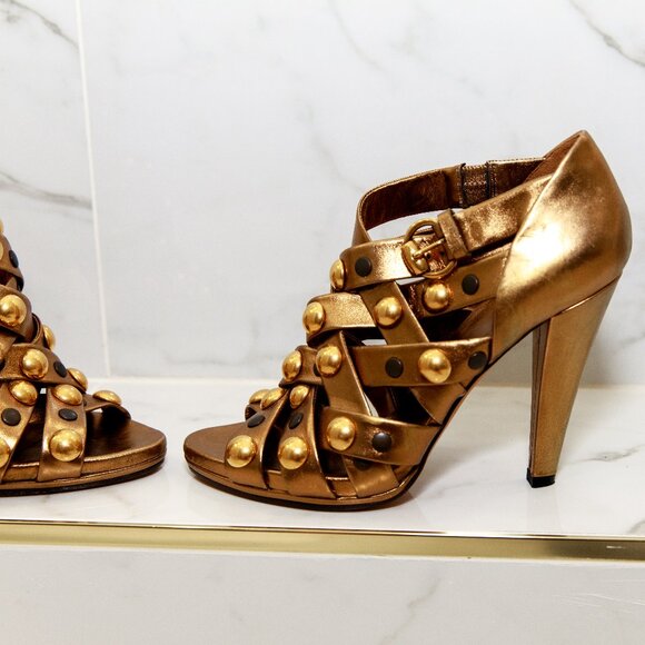 Gucci Babouska Gold Bronze Studded Open Toe Strappy Heels 38.5 / 8.5 - Picture 5 of 17